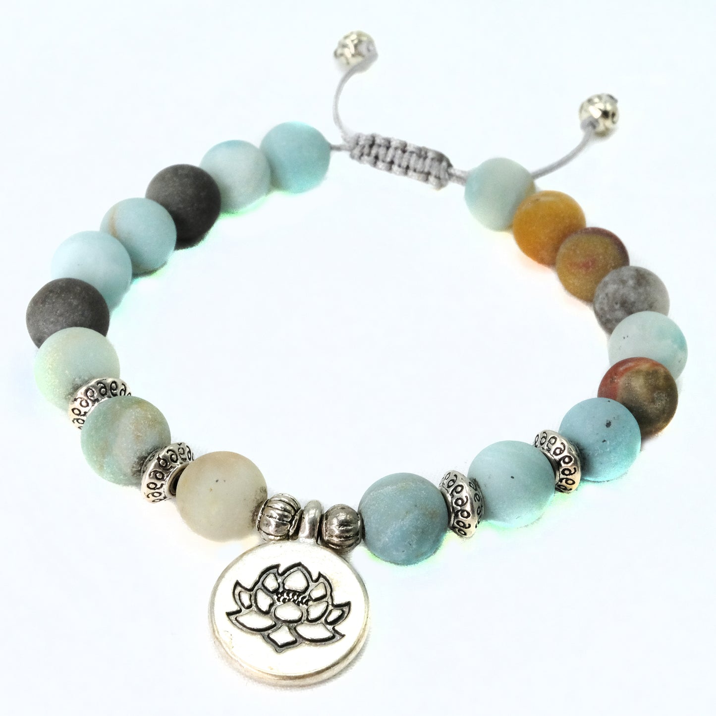 8 mm Amazonite beaded bracelet with silver buddha and decorative spacers | Adjustable | Unique | Natural | Healing Stone | Bohemian