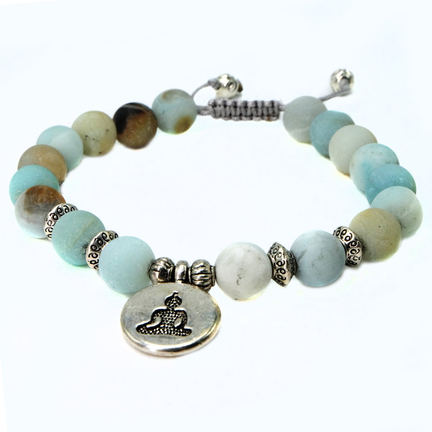 8 mm Amazonite beaded bracelet with silver buddha and decorative spacers | Adjustable | Unique | Natural | Healing Stone | Bohemian