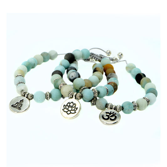 8 mm Amazonite beaded bracelet with silver buddha and decorative spacers | Adjustable | Unique | Natural | Healing Stone | Bohemian