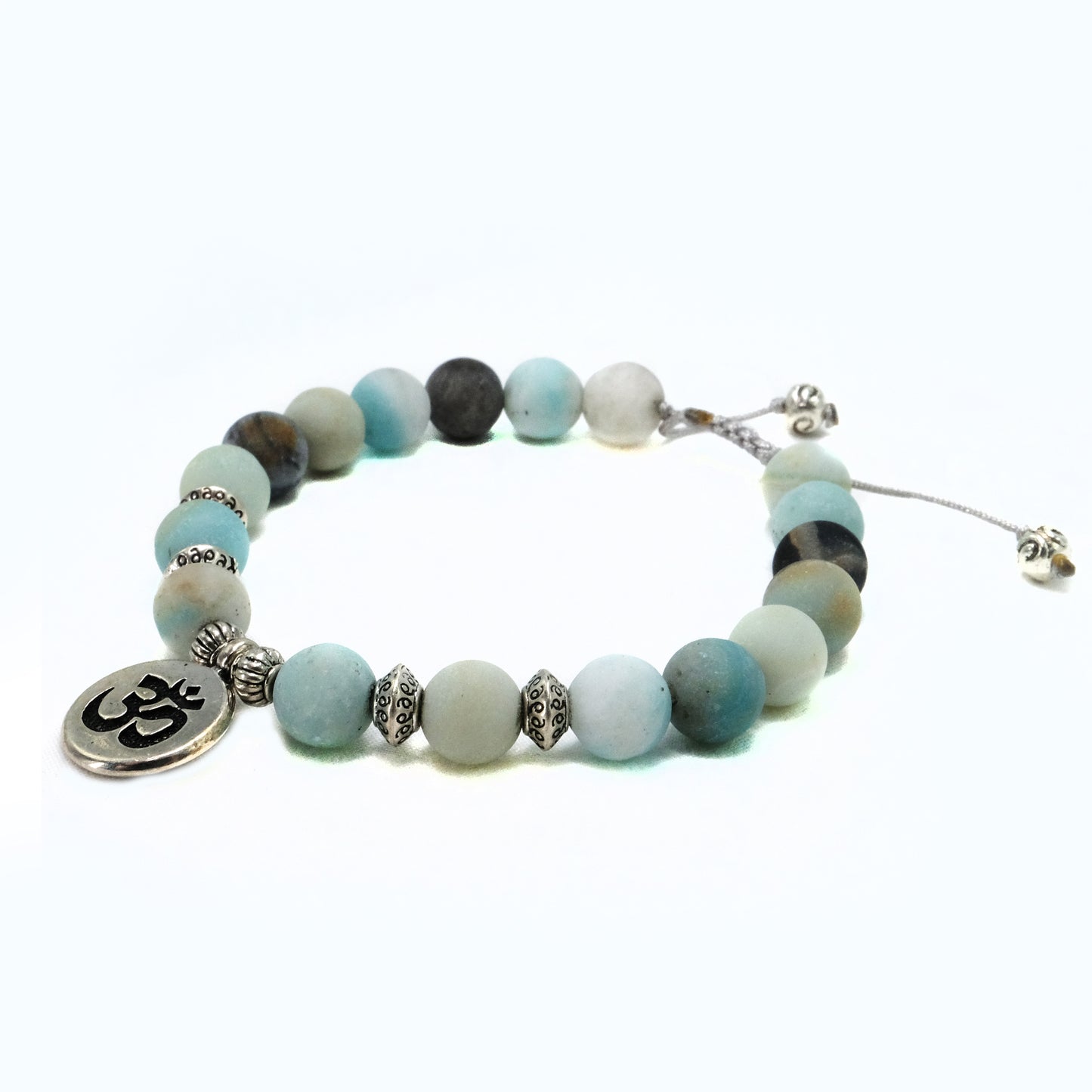 8 mm Amazonite beaded bracelet with silver buddha and decorative spacers | Adjustable | Unique | Natural | Healing Stone | Bohemian