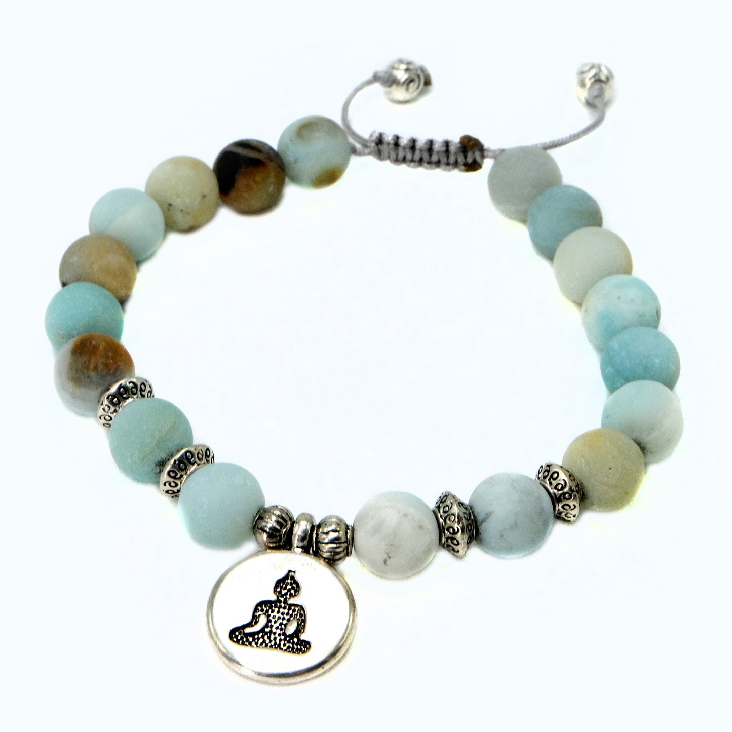 8 mm Amazonite beaded bracelet with silver buddha and decorative spacers | Adjustable | Unique | Natural | Healing Stone | Bohemian