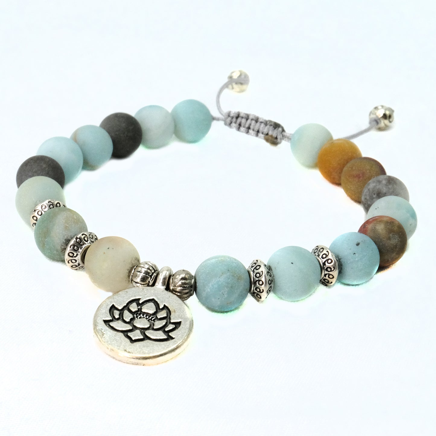 8 mm Amazonite beaded bracelet with silver buddha and decorative spacers | Adjustable | Unique | Natural | Healing Stone | Bohemian