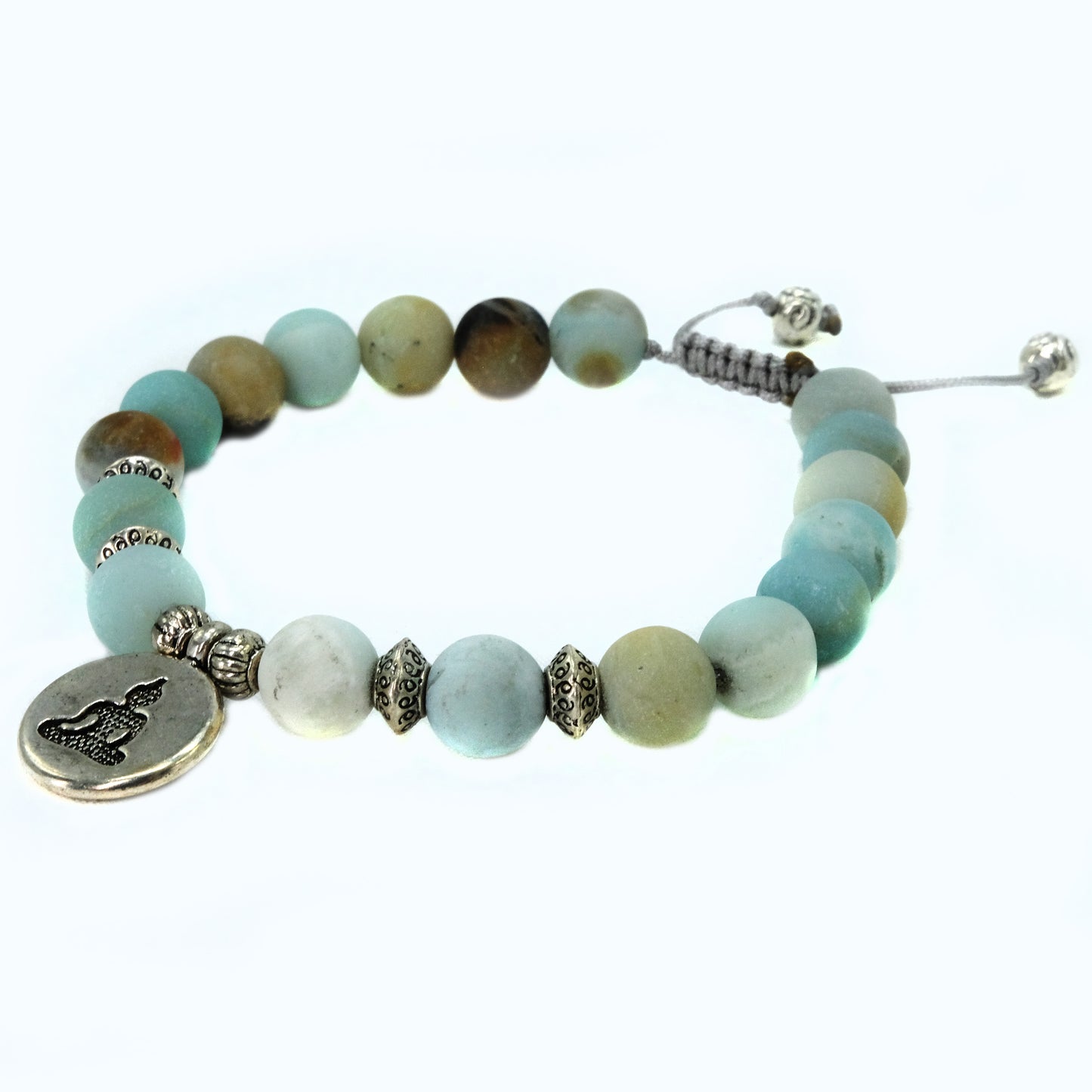 8 mm Amazonite beaded bracelet with silver buddha and decorative spacers | Adjustable | Unique | Natural | Healing Stone | Bohemian