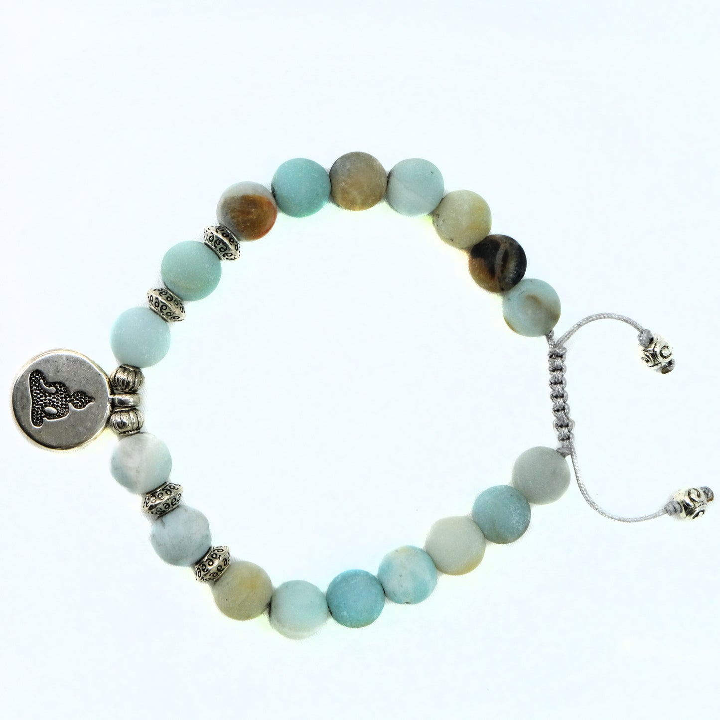 8 mm Amazonite beaded bracelet with silver buddha and decorative spacers | Adjustable | Unique | Natural | Healing Stone | Bohemian