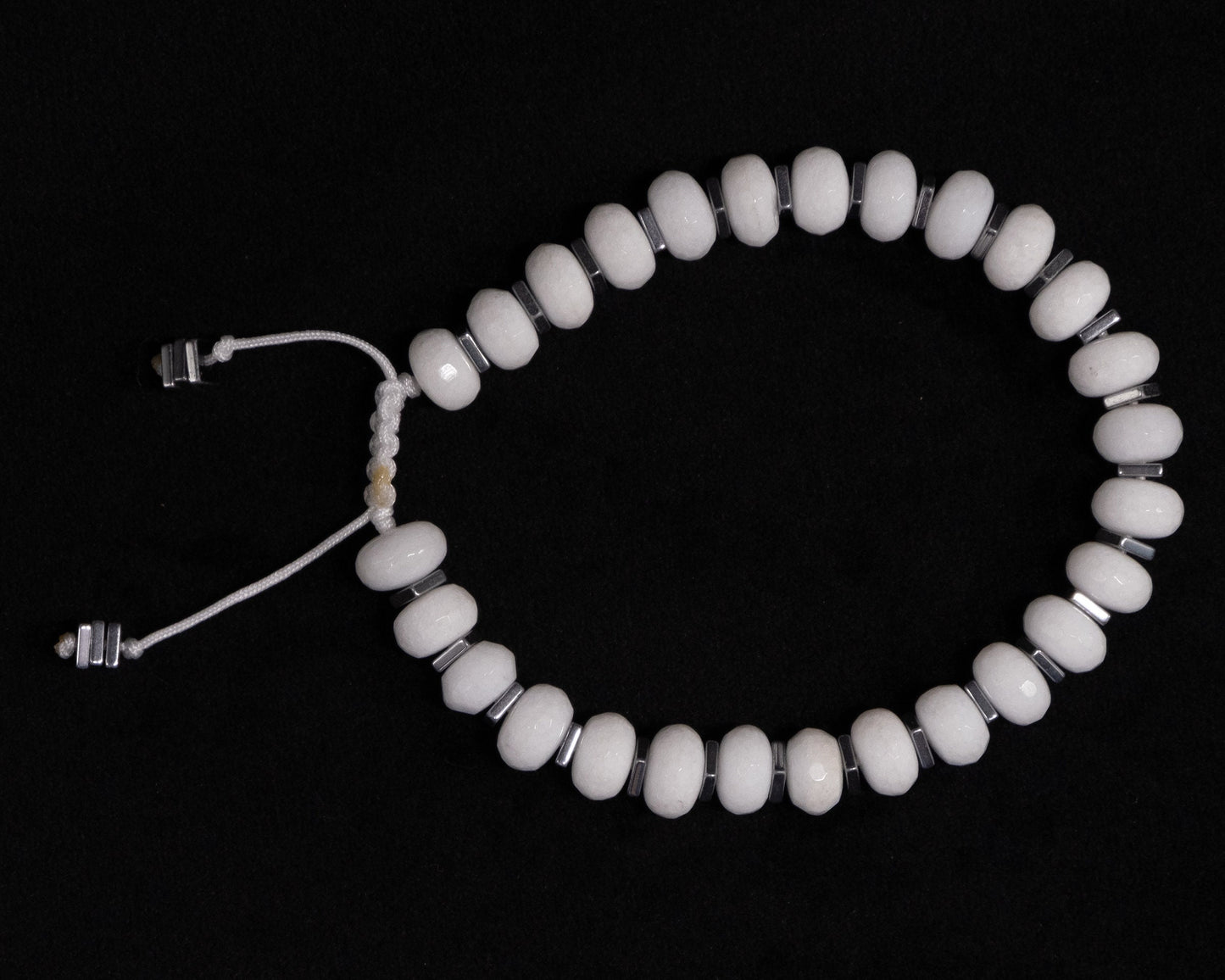 White Quartz Rondelle Genuine, Silver Spacers Beaded Bracelet | Adjustable | Unique | Meditation Crystal | Healing Stone | Bohemian