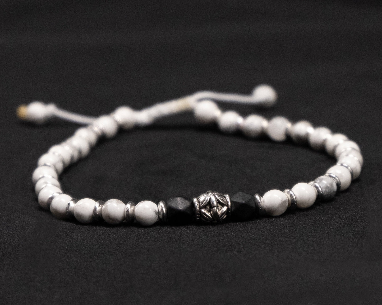 4mm White Howlite Genuine, Silver Spacer Beaded Bracelet | Adjustable | Unique | Natural | Meditation Crystal | Healing Stone | Bohemian