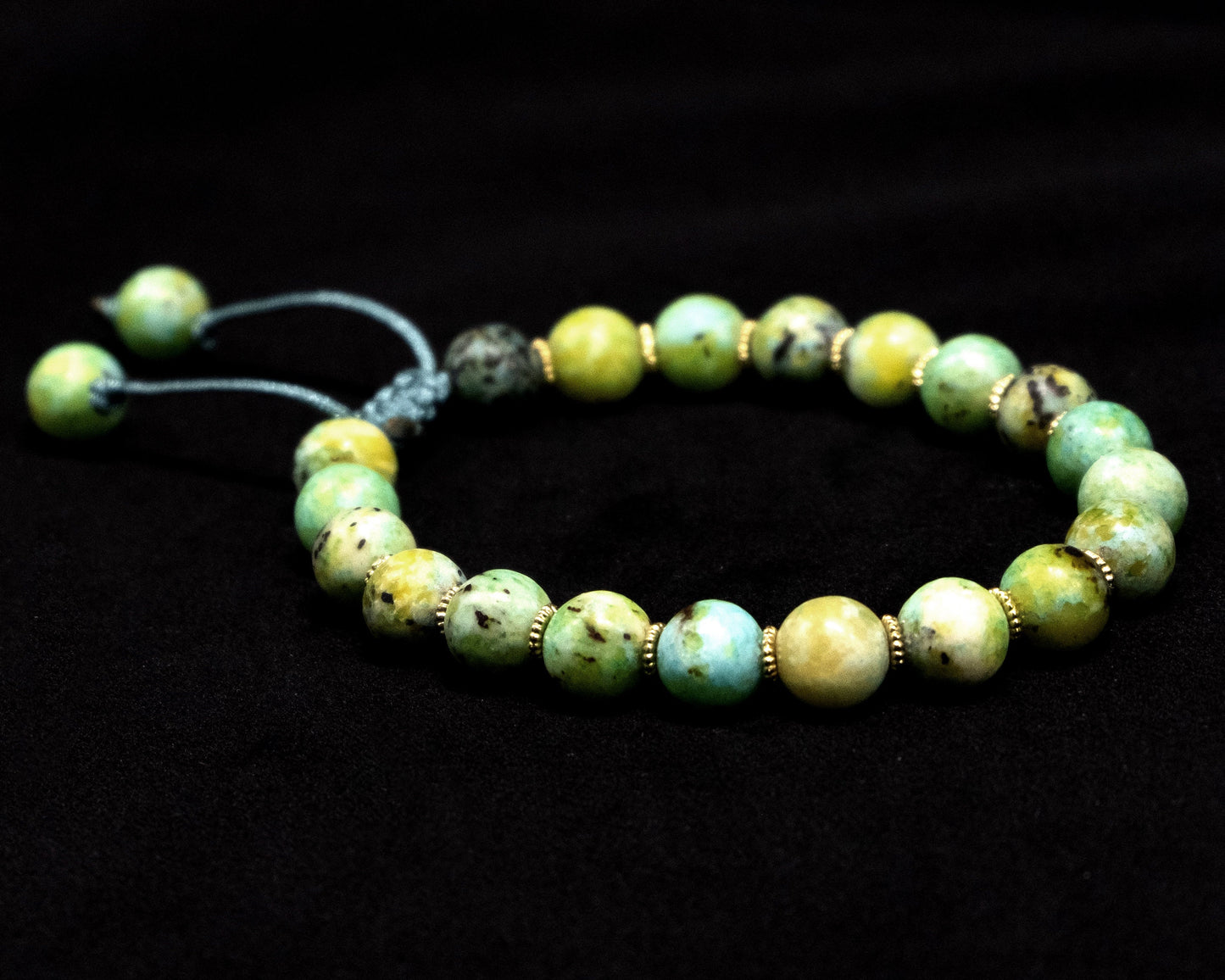 8mm Light Green Chrysoprase/Chalcedony Genuine, Gold Spacer Beaded Bracelet | Adjustable | Unique | Natural | Meditation Crystal | Healing Stone | Bohemian