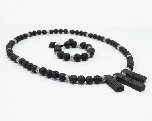 12mm Black Lava Necklace & Bracelet | Genuine | Tribal Silver Spacers | Beaded | Natural | Unique  | Meditation | Healing Stone | Bohemian