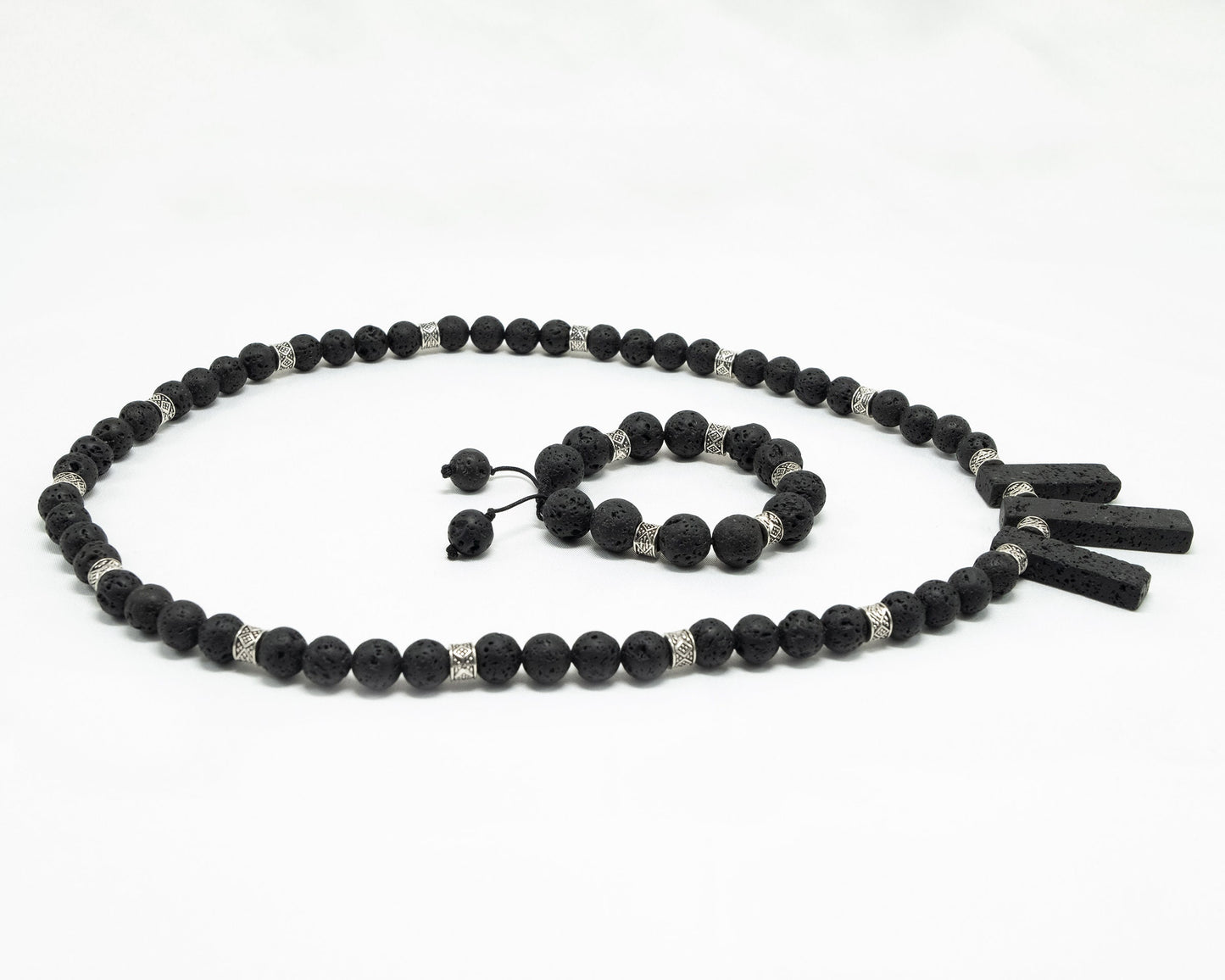 12mm Black Lava Necklace & Bracelet | Genuine | Tribal Silver Spacers | Beaded | Natural | Unique  | Meditation | Healing Stone | Bohemian