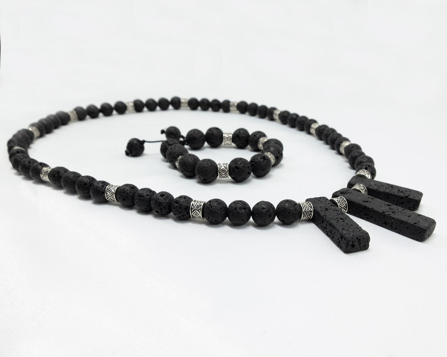 12mm Black Lava Necklace & Bracelet | Genuine | Tribal Silver Spacers | Beaded | Natural | Unique  | Meditation | Healing Stone | Bohemian