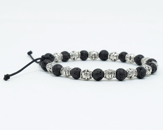 6mm Black Lava Genuine, Silver Tribal Spacer Beaded Bracelet | Adjustable | Unique | Natural | Meditation Crystal | Healing Stone | Bohemian