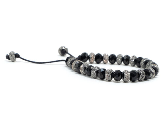 Black Rondelle Crystal, Silver Sparkly Spacer Beaded Bracelet | Adjustable | Unique | Meditation Crystal | Healing Stone | Bohemian