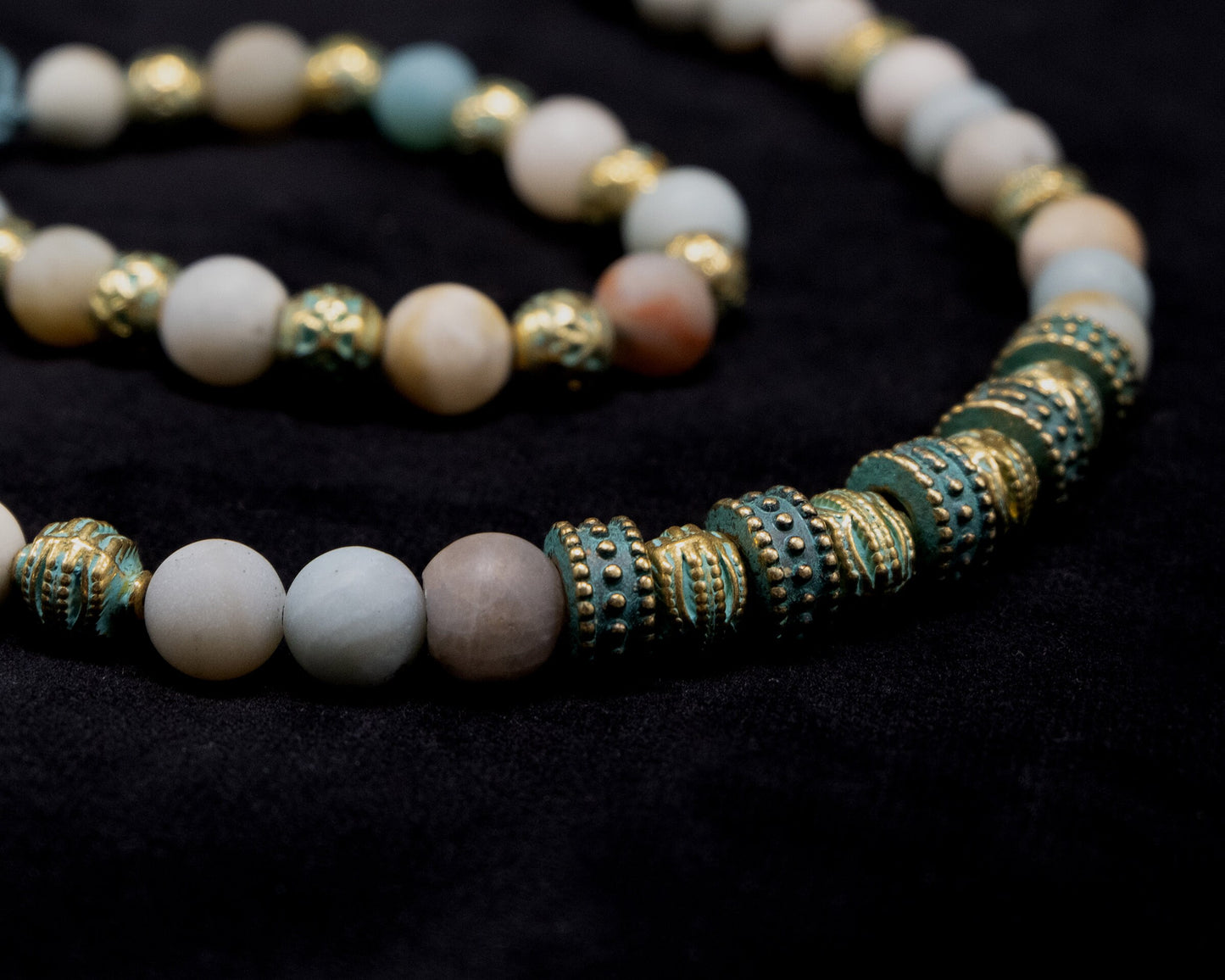 10mm Genuine Amazonite Beaded Necklace, Gold-Green, matching Bracelet | Meditation | healing stone | Bohemian | Tribal