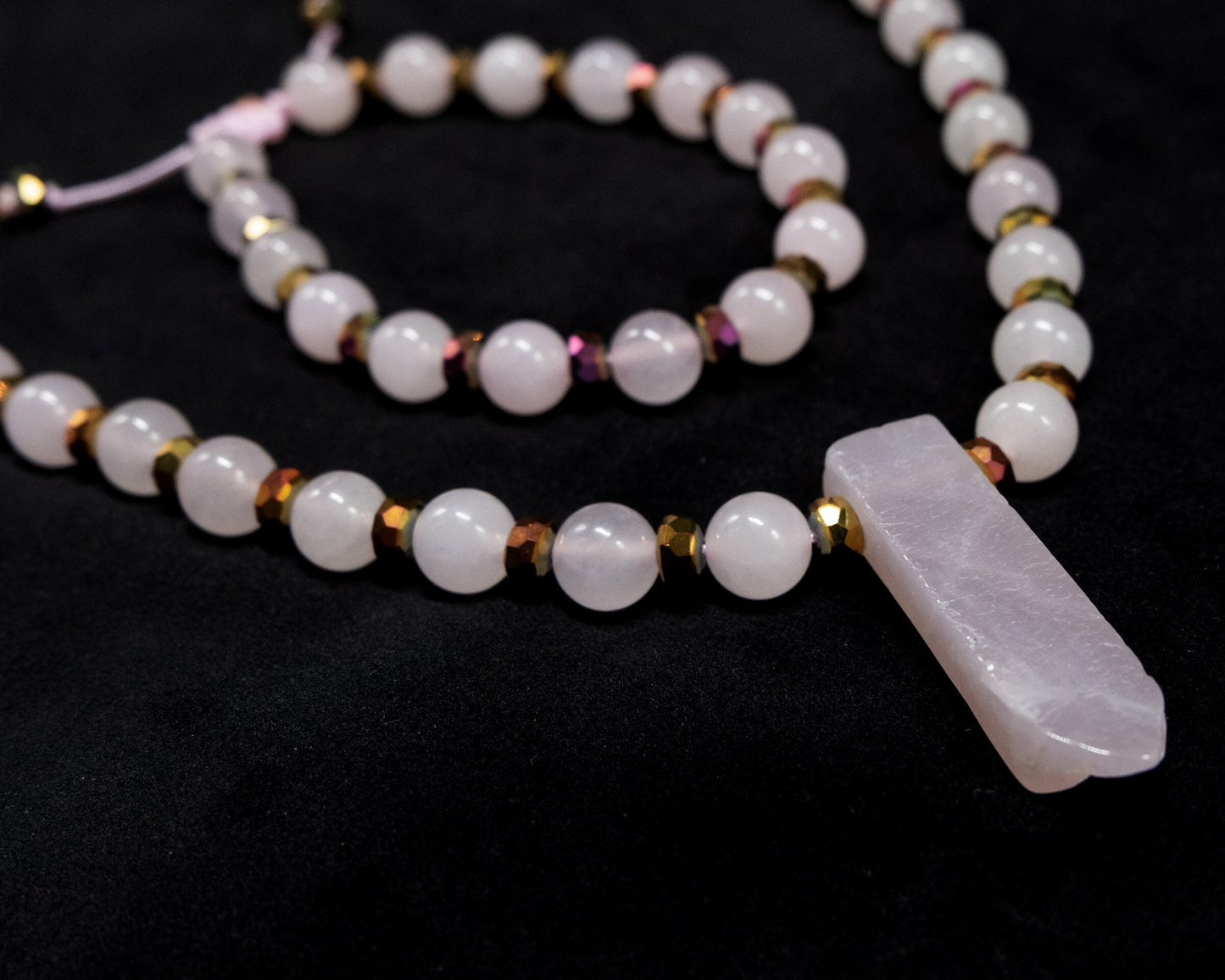 Rose Quartz beaded Necklace & Bracelet, 1 Rose Quartz Pendant Genuine Hematite spacers