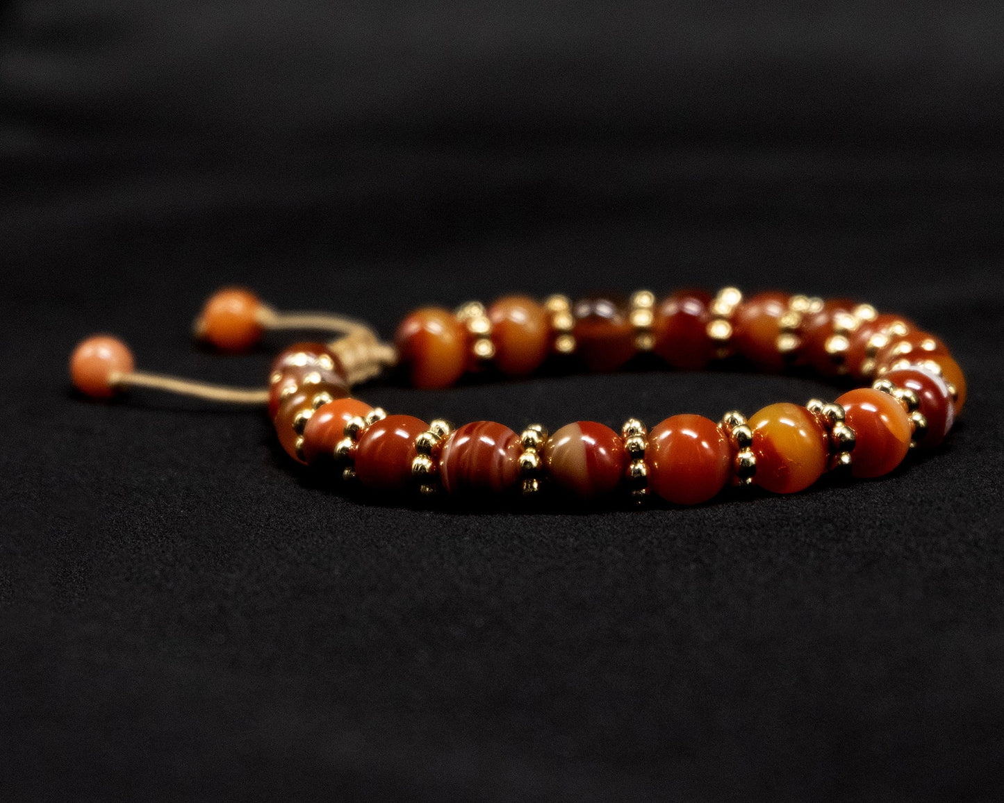 8mm Red Agate Genuine, Gold Spacer Beaded Bracelet | Adjustable | Unique | Natural | Meditation Crystal | Healing Stone | Bohemian