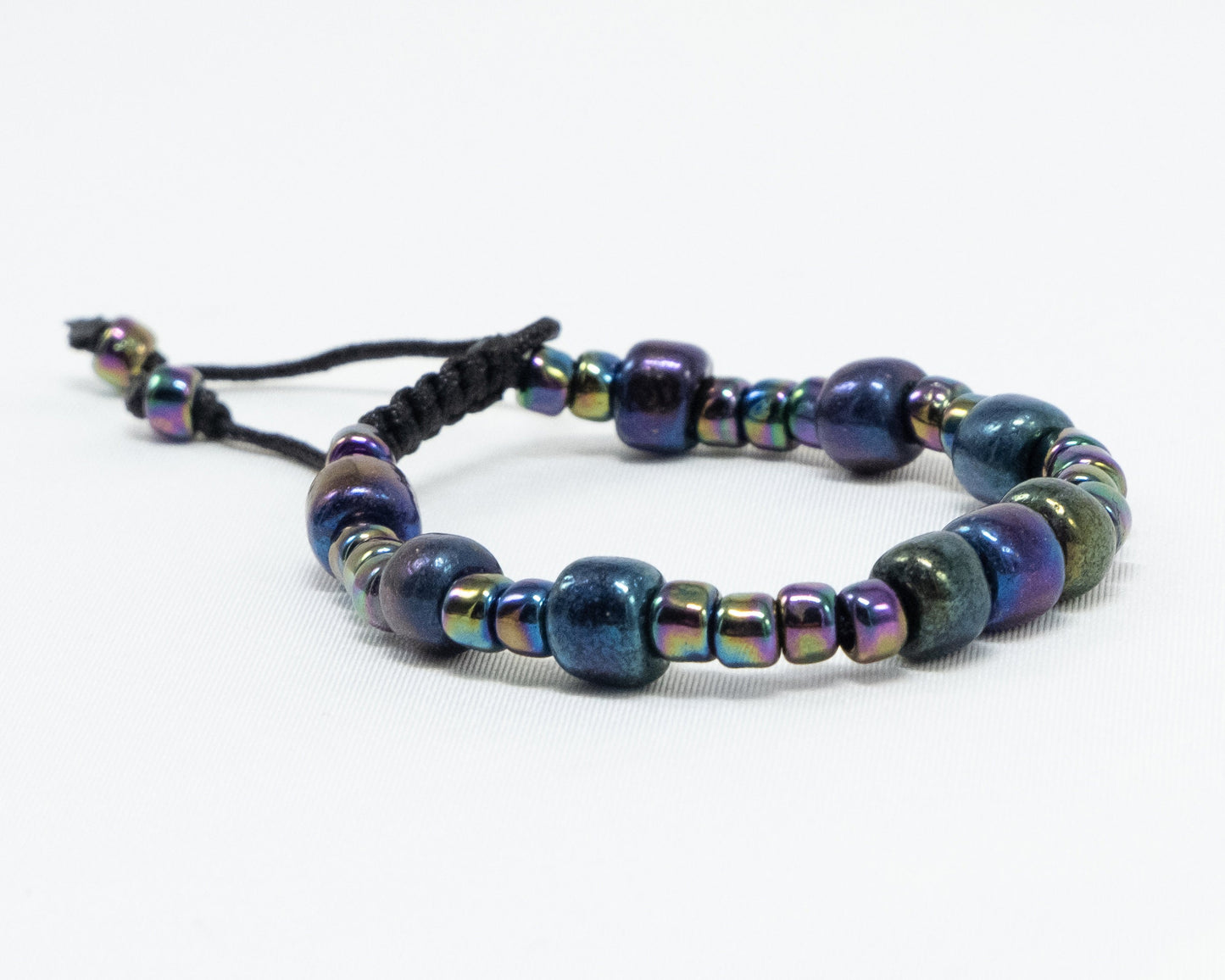 Iridescent Purple Multicolor Black Glass Beaded Bracelet | Adjustable | Unique | Natural | Meditation | Bohemian