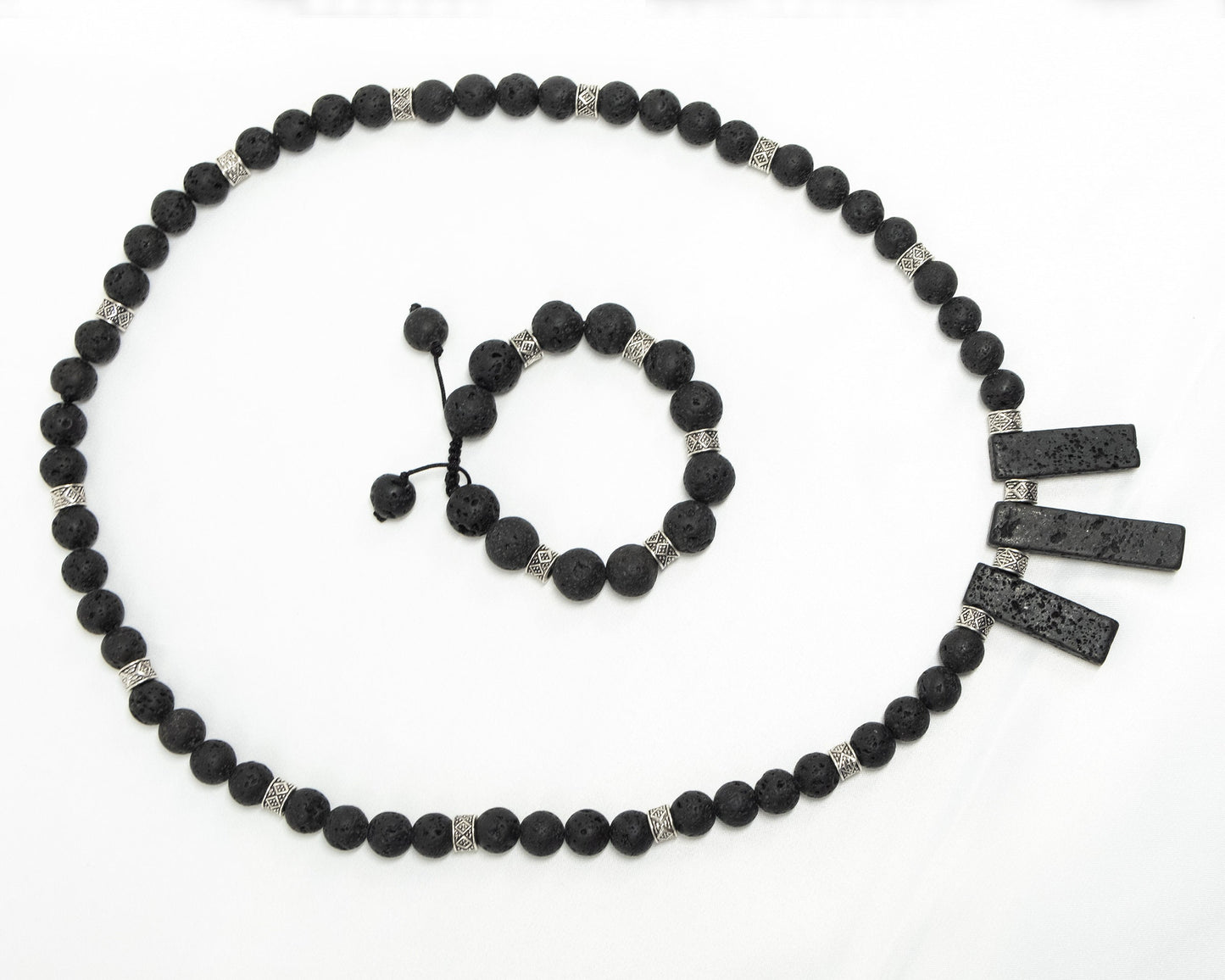 12mm Black Lava Necklace & Bracelet | Genuine | Tribal Silver Spacers | Beaded | Natural | Unique  | Meditation | Healing Stone | Bohemian