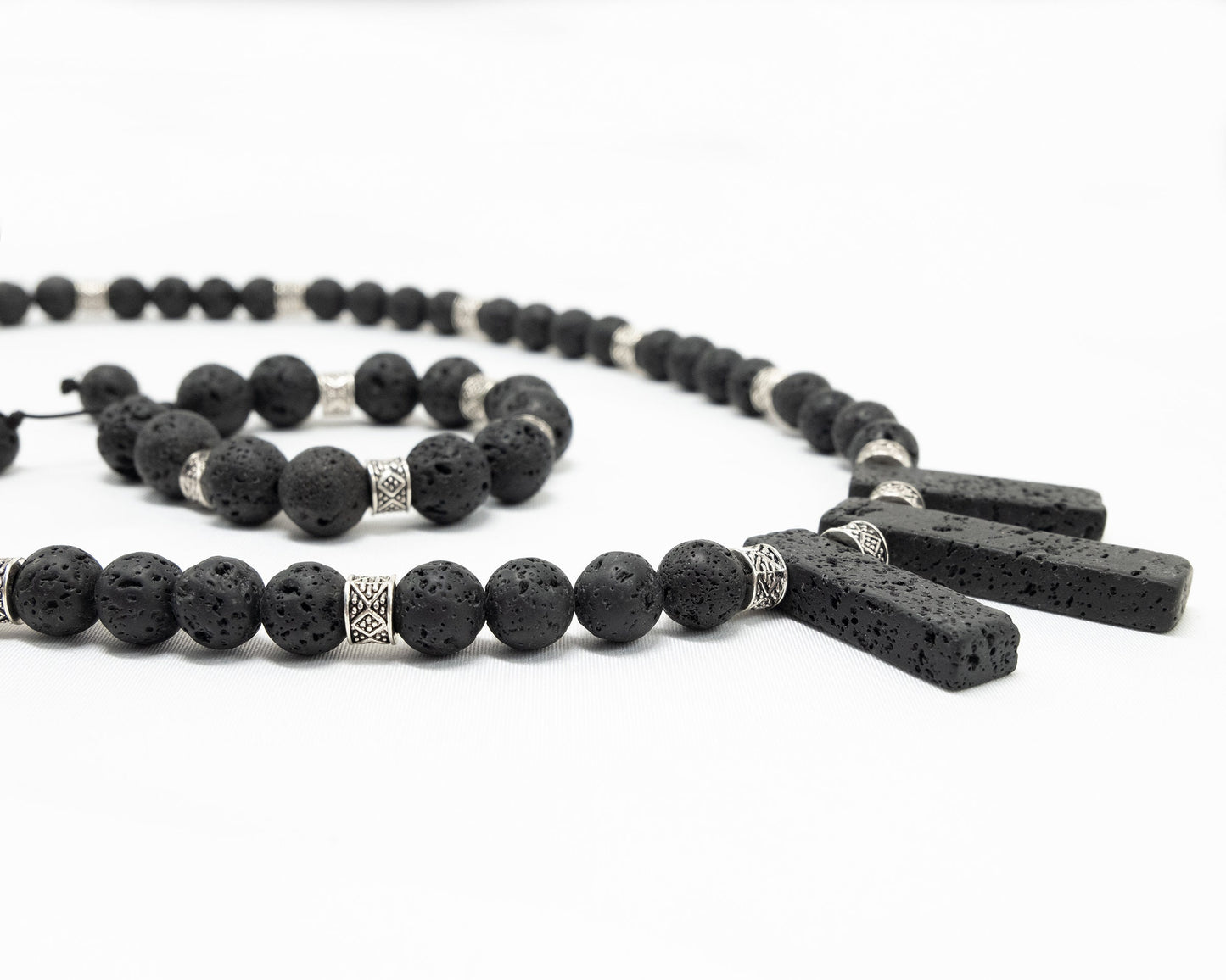 12mm Black Lava Necklace & Bracelet | Genuine | Tribal Silver Spacers | Beaded | Natural | Unique  | Meditation | Healing Stone | Bohemian