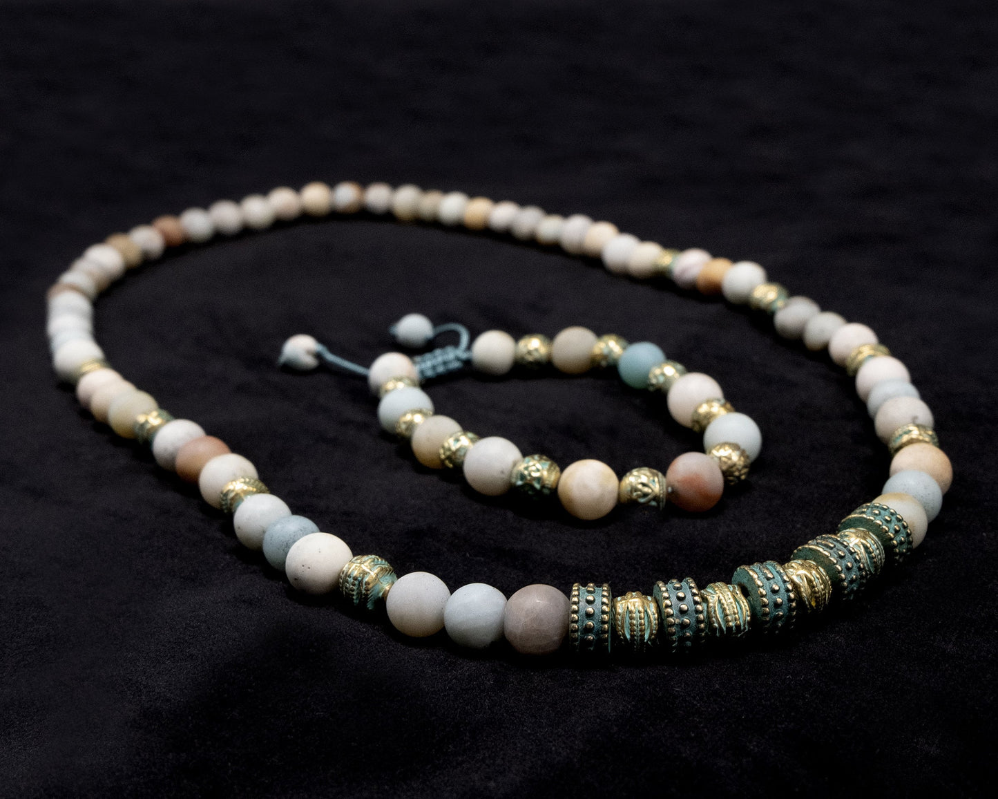 10mm Genuine Amazonite Beaded Necklace, Gold-Green, matching Bracelet | Meditation | healing stone | Bohemian | Tribal