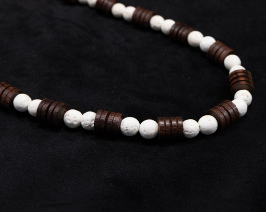 8mm White Lava and Wood Beaded Necklace | Unique | Natural | Meditation Crystal | Healing Stone | Bohemian