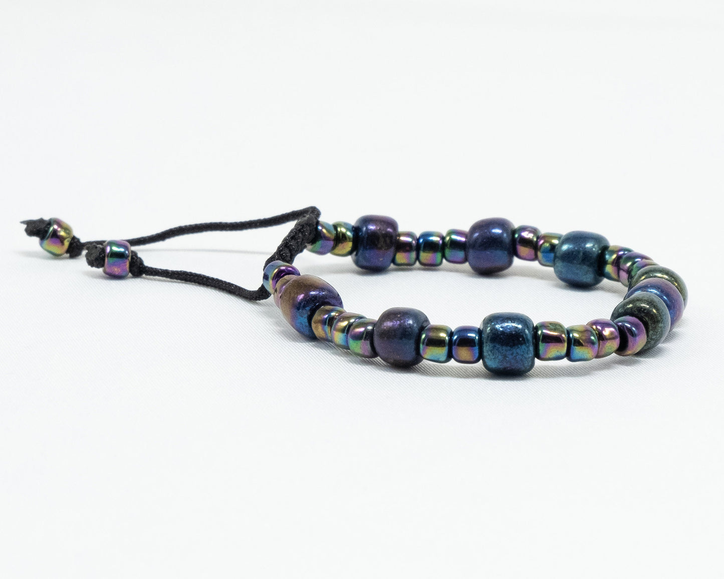 Iridescent Purple Multicolor Black Glass Beaded Bracelet | Adjustable | Unique | Natural | Meditation | Bohemian