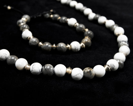 8mm White and Gray Genuine Howlite Beaded Necklace & Bracelet | Unique | Natural | Meditation Crystal | Healing Stone | Bohemian