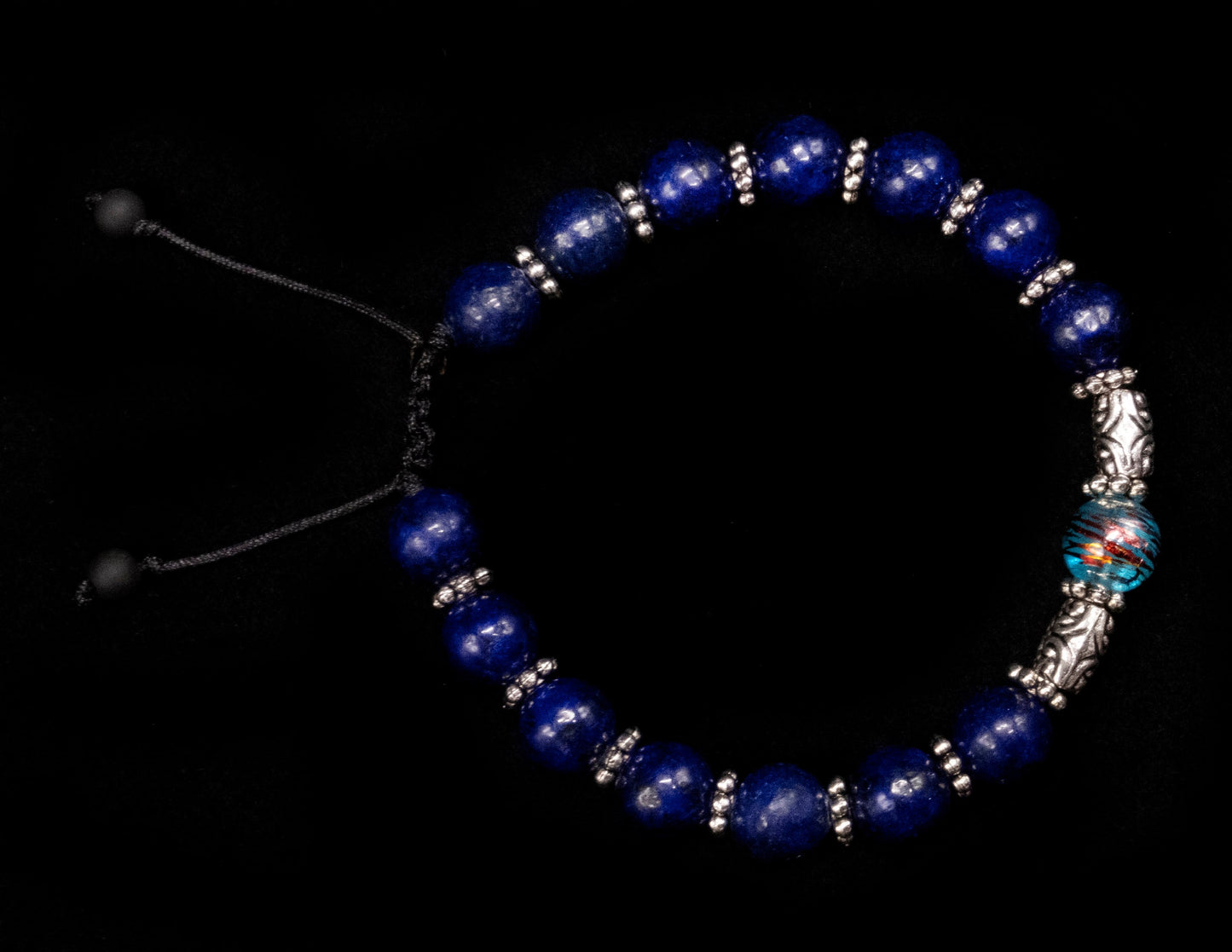 8 mm Lapis Genuine, Blue Glass Center Bead, Silver Spacer Beaded Bracelet | Adjustable | Meditation Crystal | Healing Stone | Bohemian