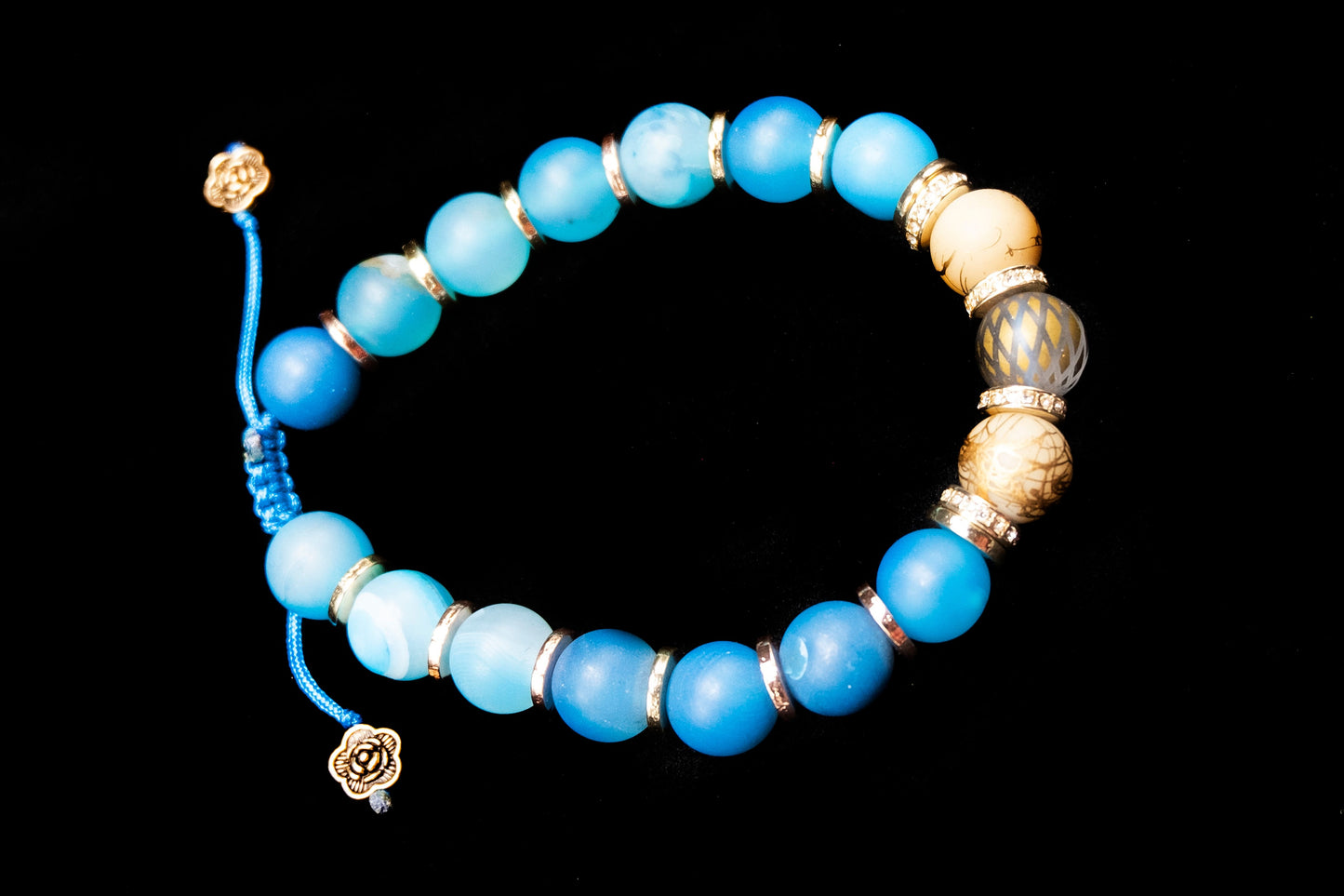 10mm Blue Agate, Gold Spacers, Glass gold center beads, Beaded Bracelet, Adjustable