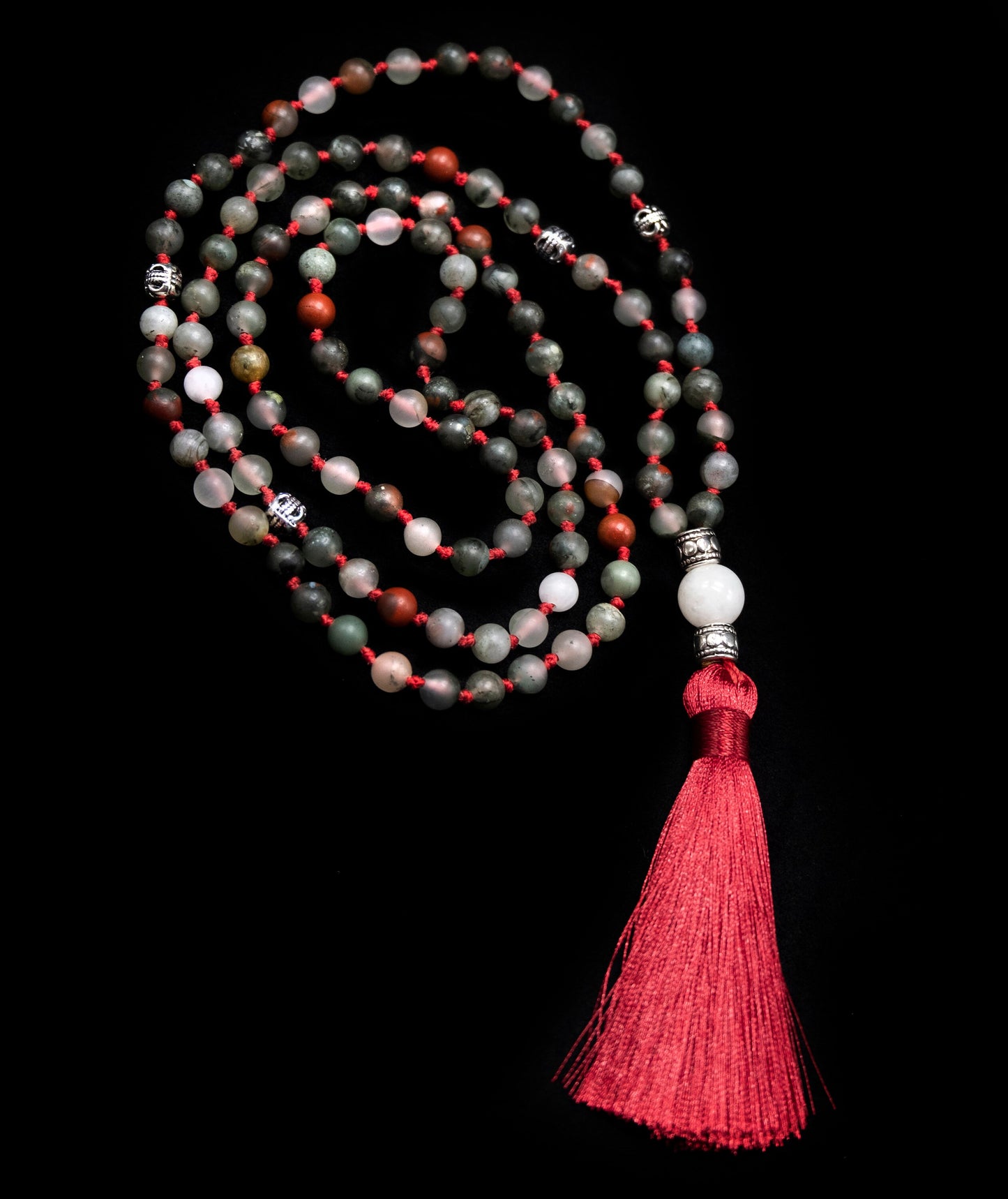 6mm African Bloodstone Mala with Red Tassel, White Jade Guru bead with silver spacers | Guru Beads | Meru | Meditation | Prayer bead | Malas