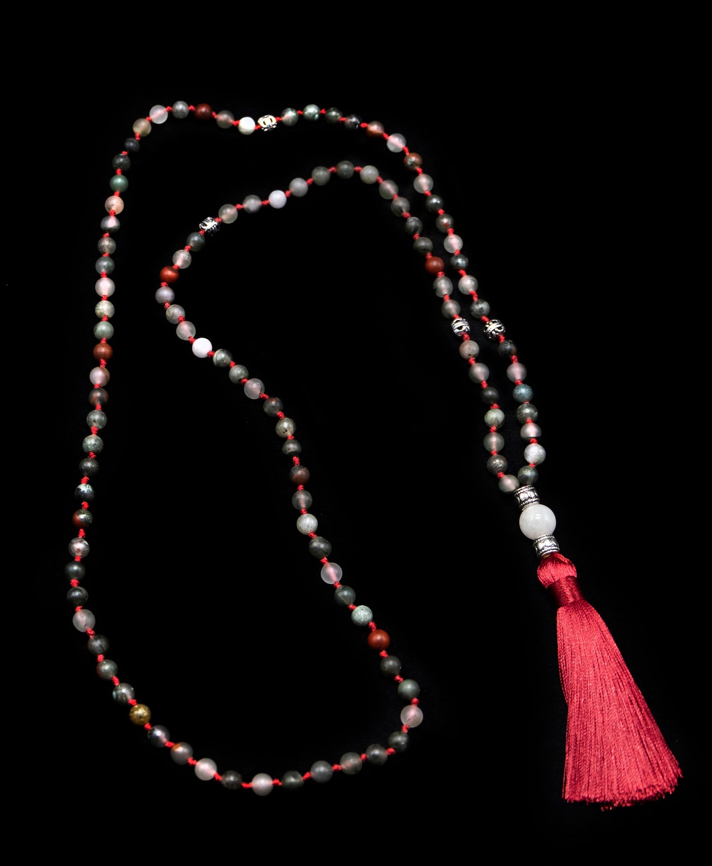 6mm African Bloodstone Mala with Red Tassel, White Jade Guru bead with silver spacers | Guru Beads | Meru | Meditation | Prayer bead | Malas