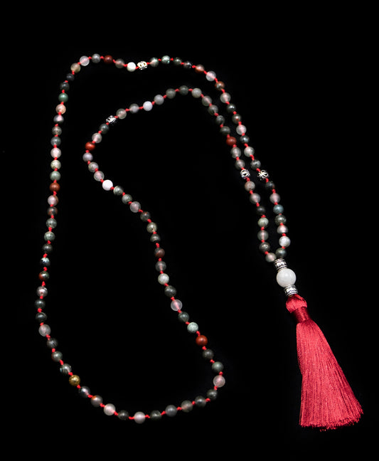 6mm African Bloodstone Mala with Red Tassel, White Jade Guru bead with silver spacers | Guru Beads | Meru | Meditation | Prayer bead | Malas