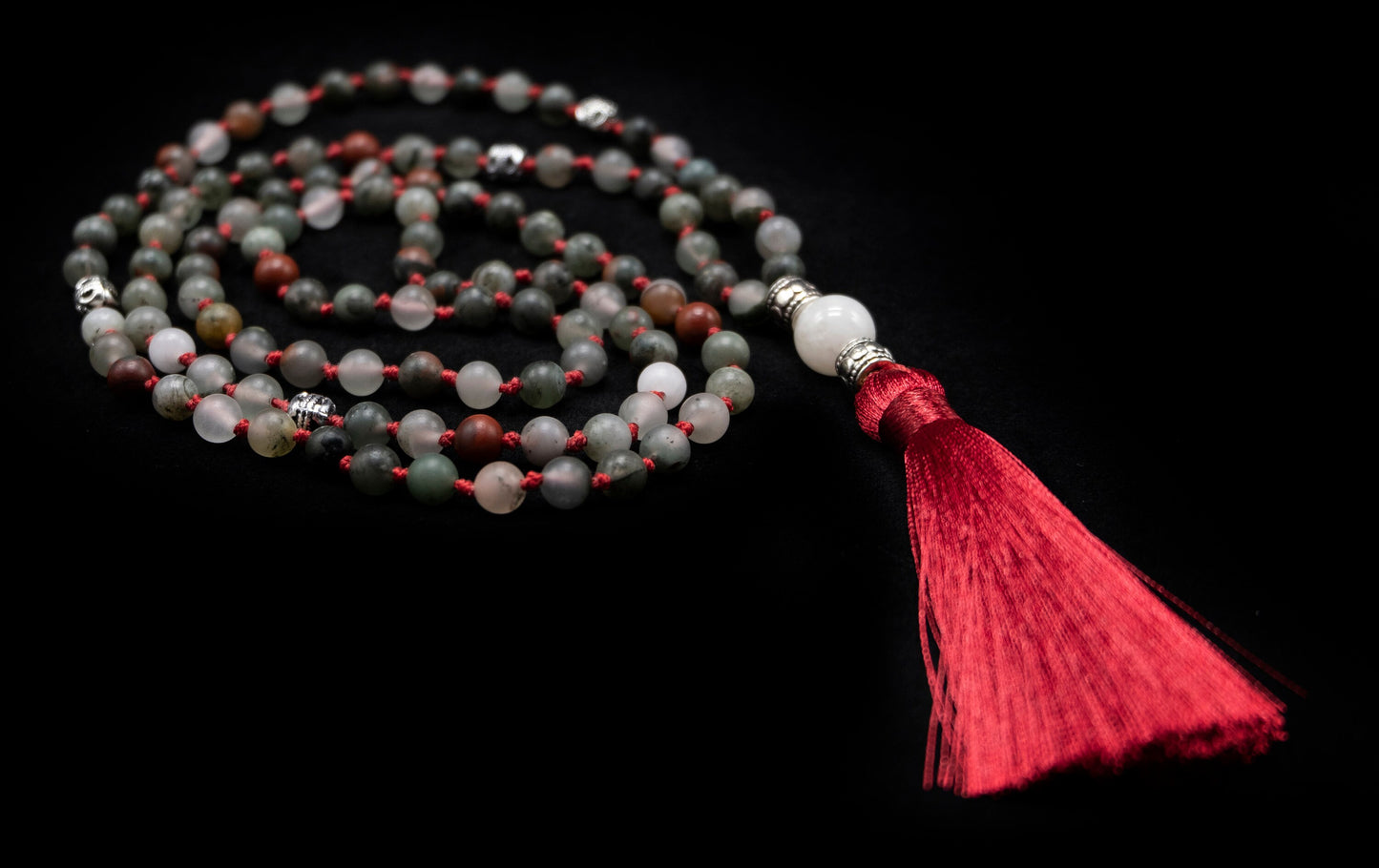 6mm African Bloodstone Mala with Red Tassel, White Jade Guru bead with silver spacers | Guru Beads | Meru | Meditation | Prayer bead | Malas