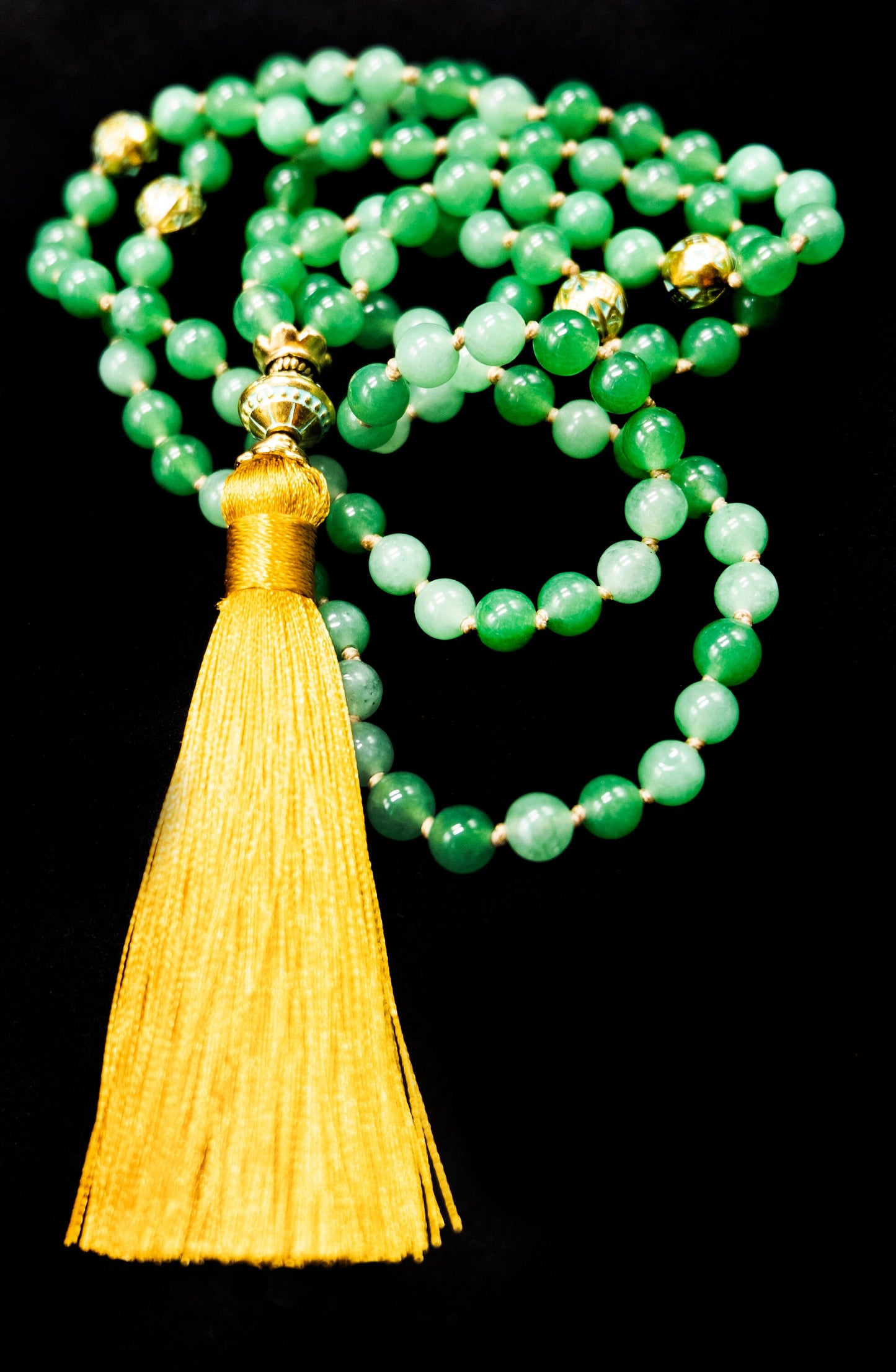 6mm Green Aventurine Gold Guru Bead and Gold Tassel Mala, Guru Beads | Meru | Meditation | Prayer beads | Malas