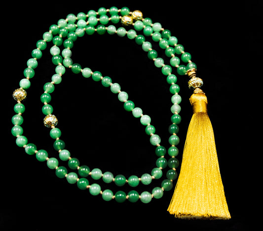 6mm Green Aventurine Gold Guru Bead and Gold Tassel Mala, Guru Beads | Meru | Meditation | Prayer beads | Malas