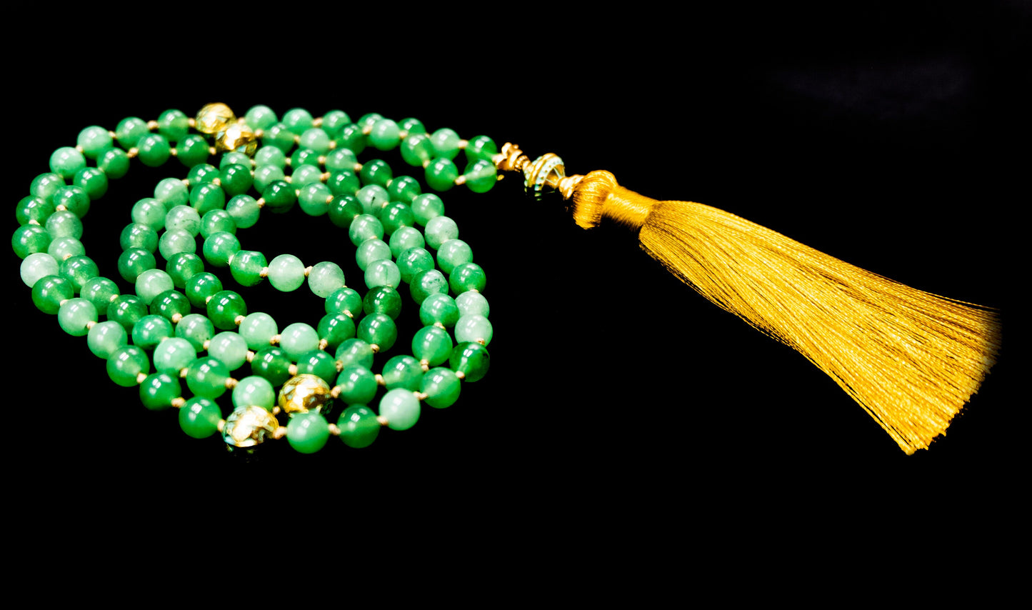 6mm Green Aventurine Gold Guru Bead and Gold Tassel Mala, Guru Beads | Meru | Meditation | Prayer beads | Malas