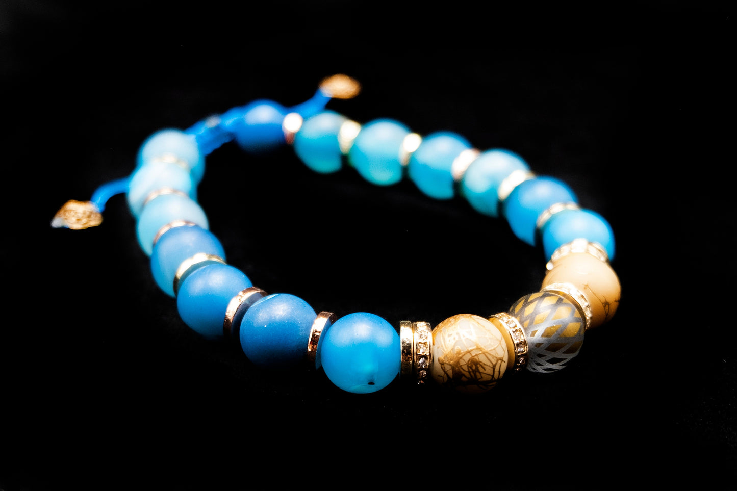 10mm Blue Agate, Gold Spacers, Glass gold center beads, Beaded Bracelet, Adjustable