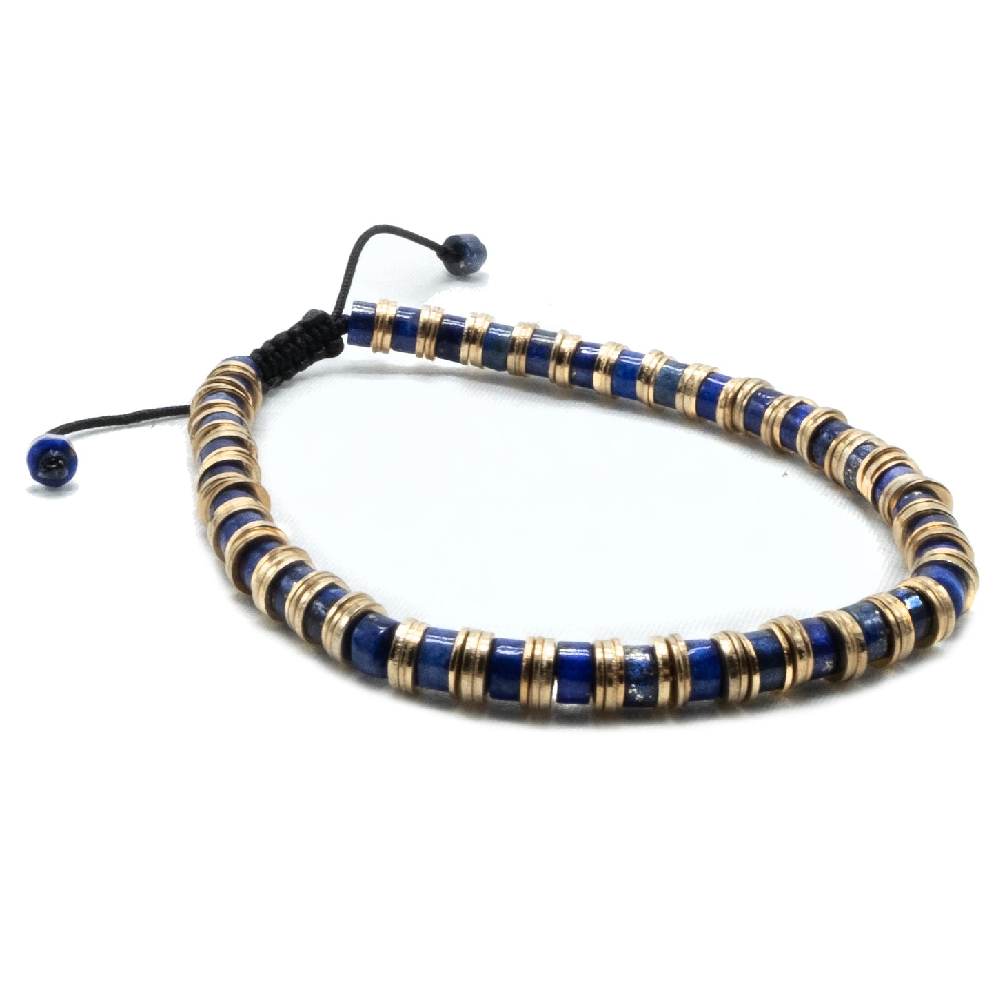 4mm Lapis Lazuli Flat Randal Heishi with gold spacer beaded bracelet. Adjustable sizing. Semi-precious gemstone