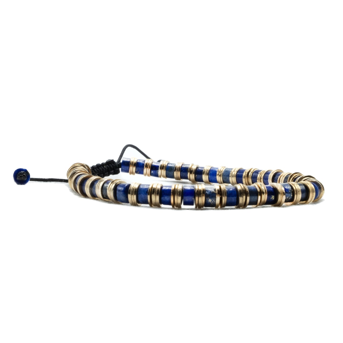 4mm Lapis Lazuli Flat Randal Heishi with gold spacer beaded bracelet. Adjustable sizing. Semi-precious gemstone