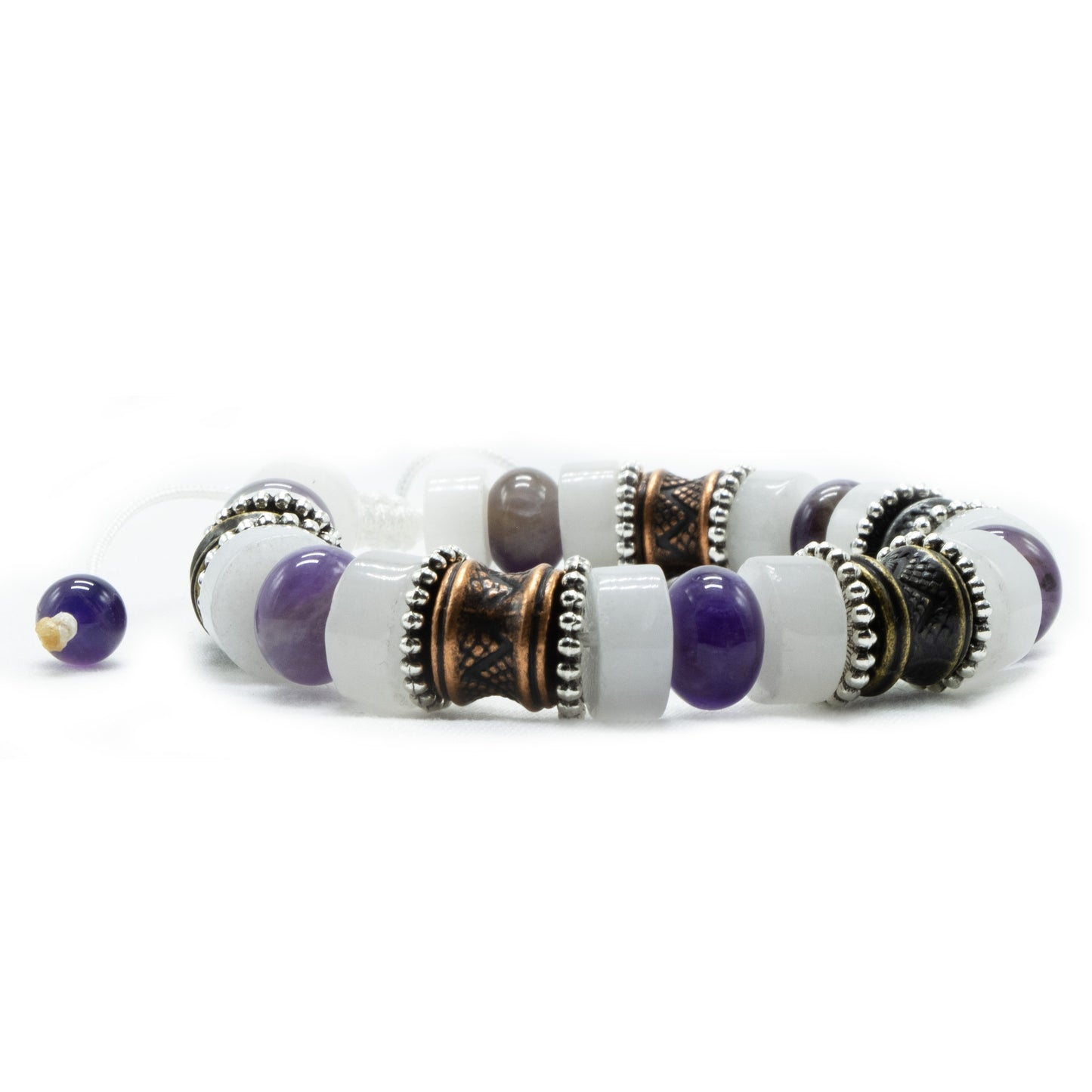 12mm White Jade and 10mm Amethyst rondells with gold, silver, and copper spacers, Adjustable