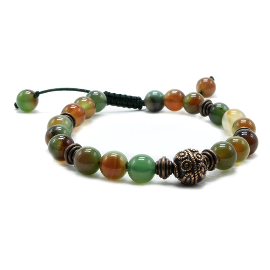 8mm Natural Peacock Green Agate Beaded bracelet with Copper spacers and main bead Adjustable Semi-precious Bohemain Healing bracelet