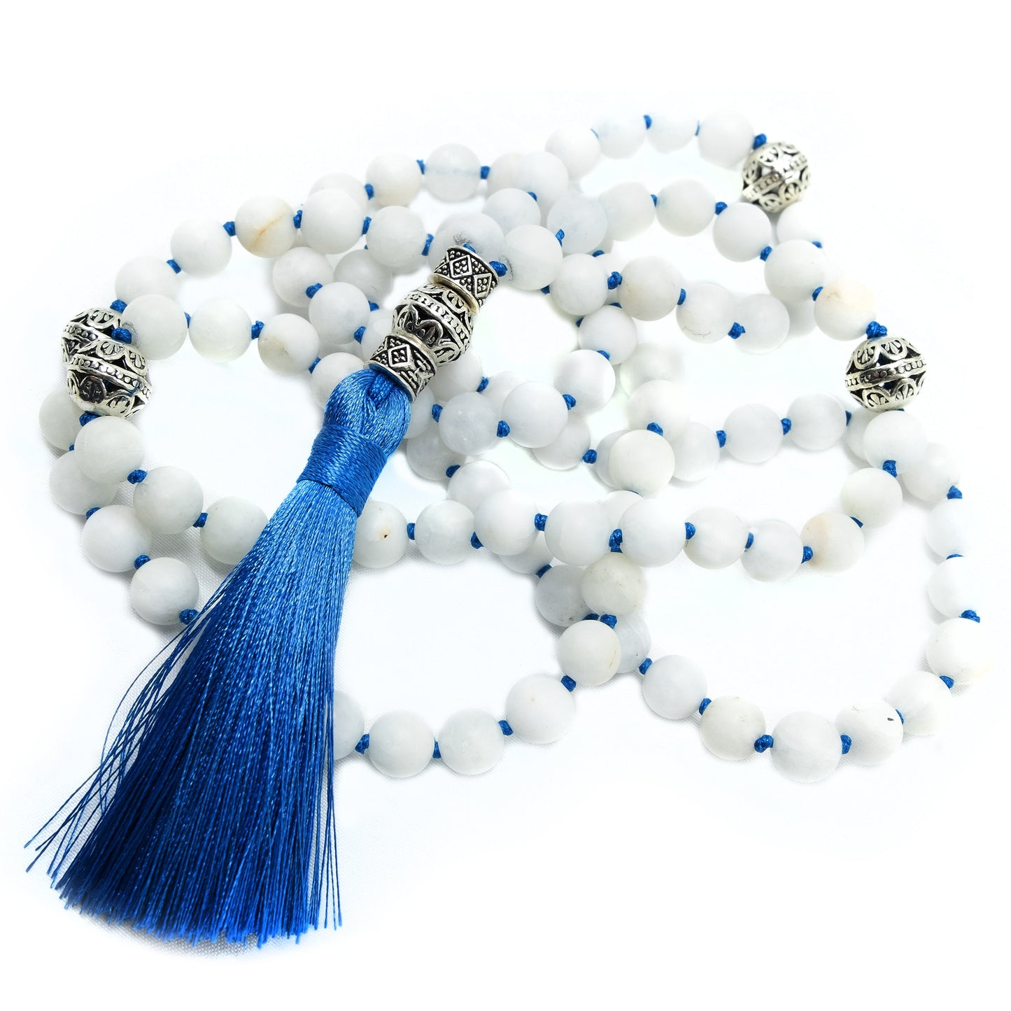 8mm White Quartz and blue tassel Mala, Guru Beads | Meru | Meditation | Prayer beads | Malas