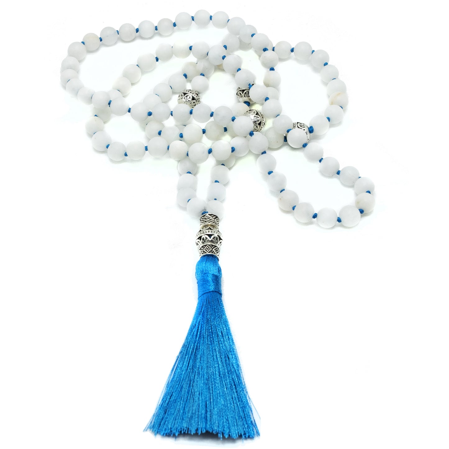 8mm White Quartz and blue tassel Mala, Guru Beads | Meru | Meditation | Prayer beads | Malas