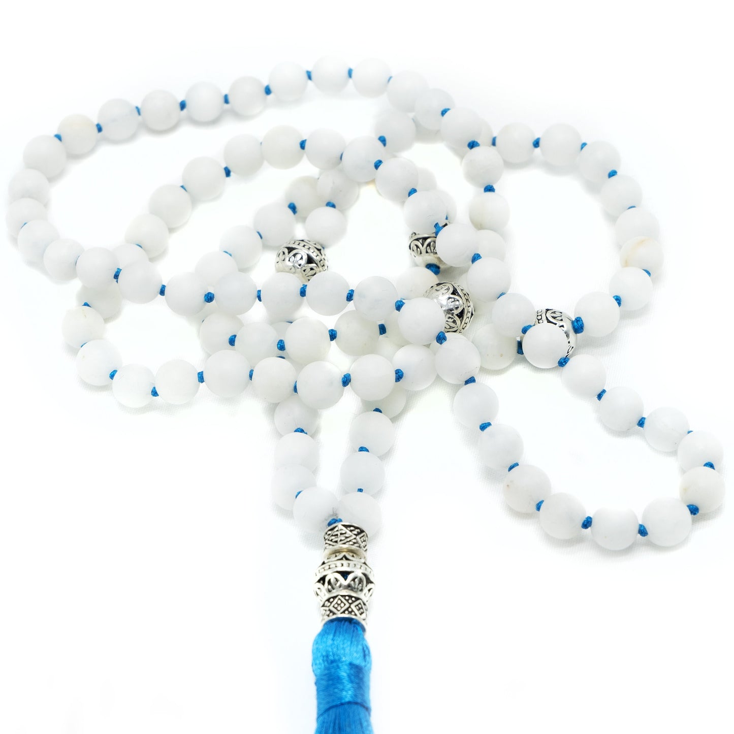 8mm White Quartz and blue tassel Mala, Guru Beads | Meru | Meditation | Prayer beads | Malas