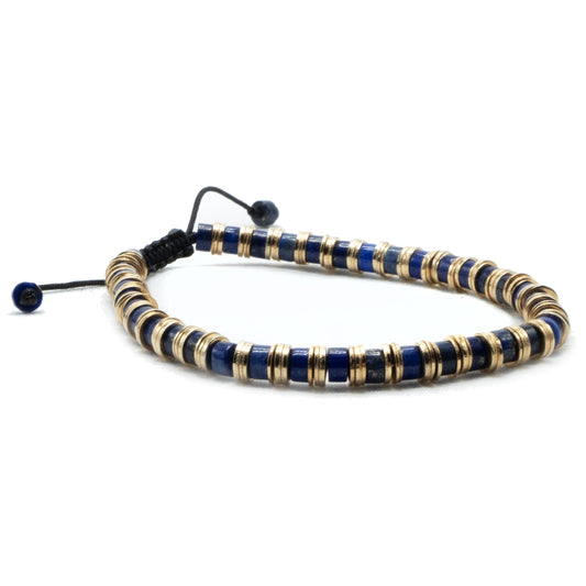 4mm Lapis Lazuli Flat Randal Heishi with gold spacer beaded bracelet. Adjustable sizing. Semi-precious gemstone