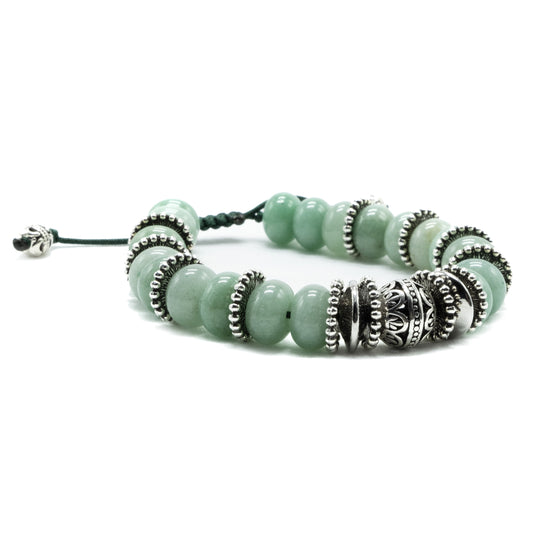 10mm Green Jade Rondelle with silver spacers and Silver main bead, beaded bracelet. Semi-precious gemstone. Adjustable