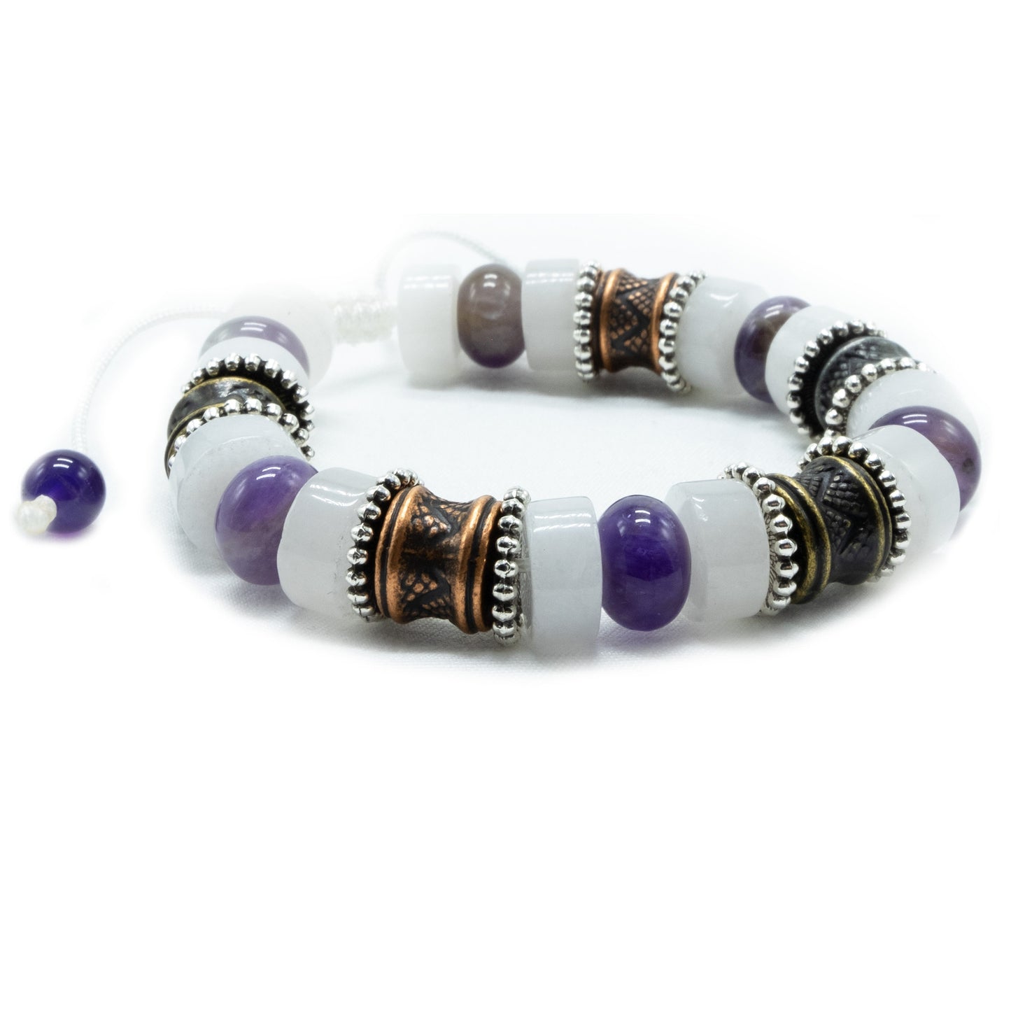 12mm White Jade and 10mm Amethyst rondells with gold, silver, and copper spacers, Adjustable