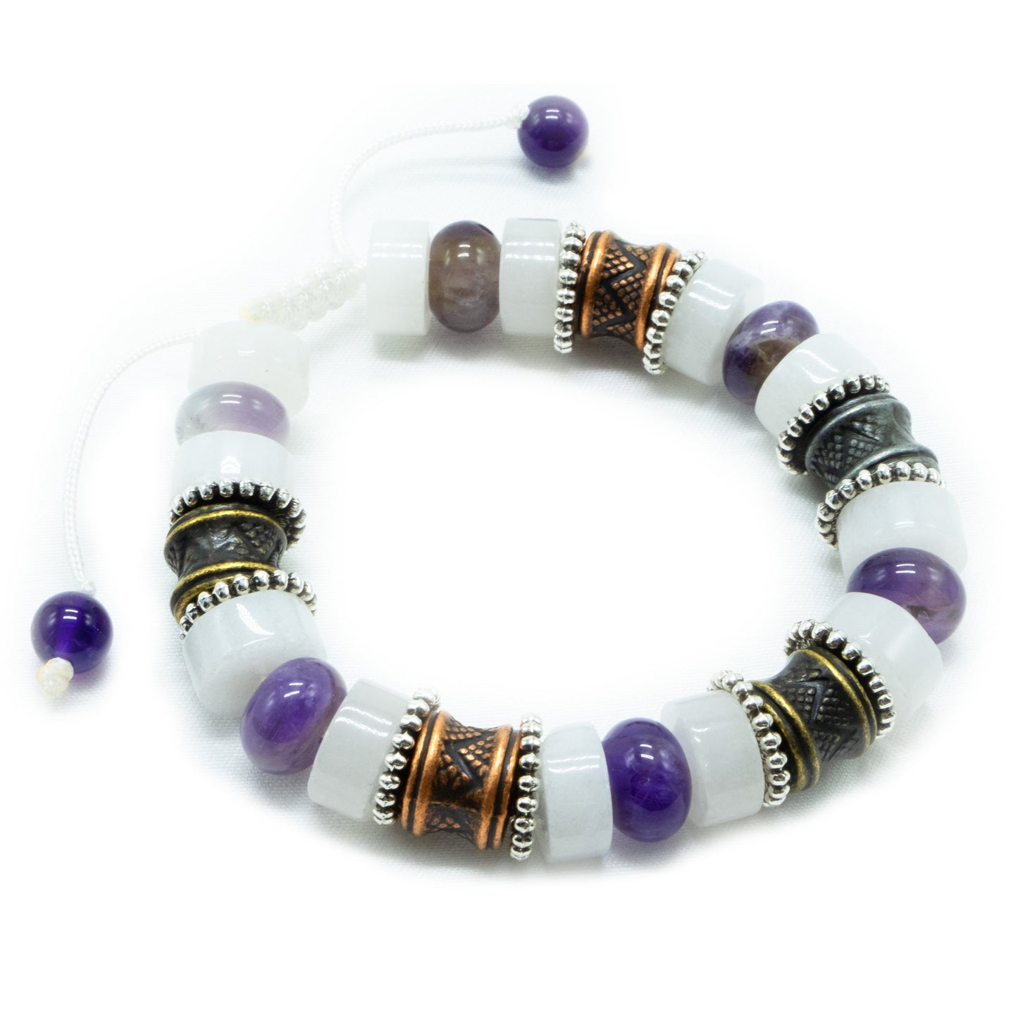 12mm White Jade and 10mm Amethyst rondells with gold, silver, and copper spacers, Adjustable