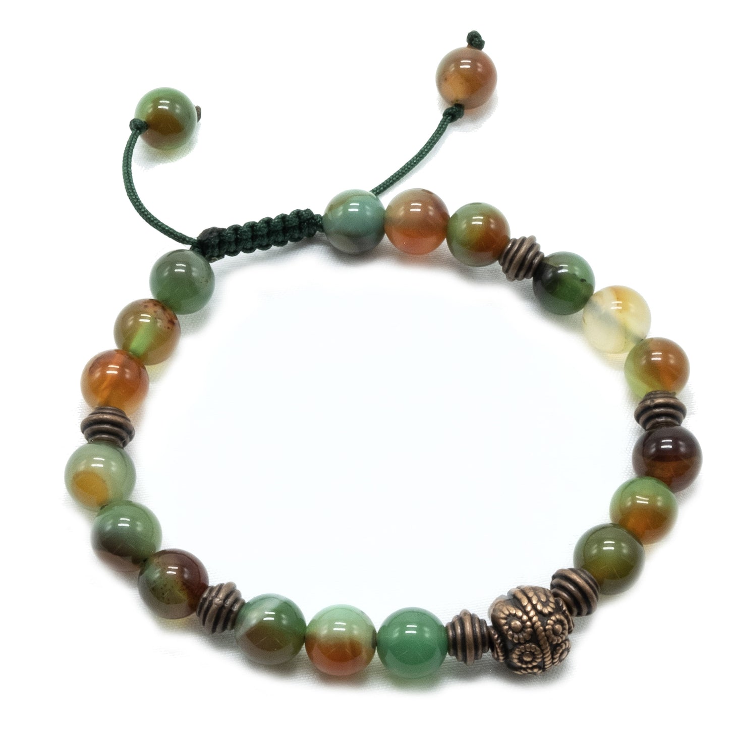 8mm Natural Peacock Green Agate Beaded bracelet with Copper spacers and main bead Adjustable Semi-precious Bohemain Healing bracelet