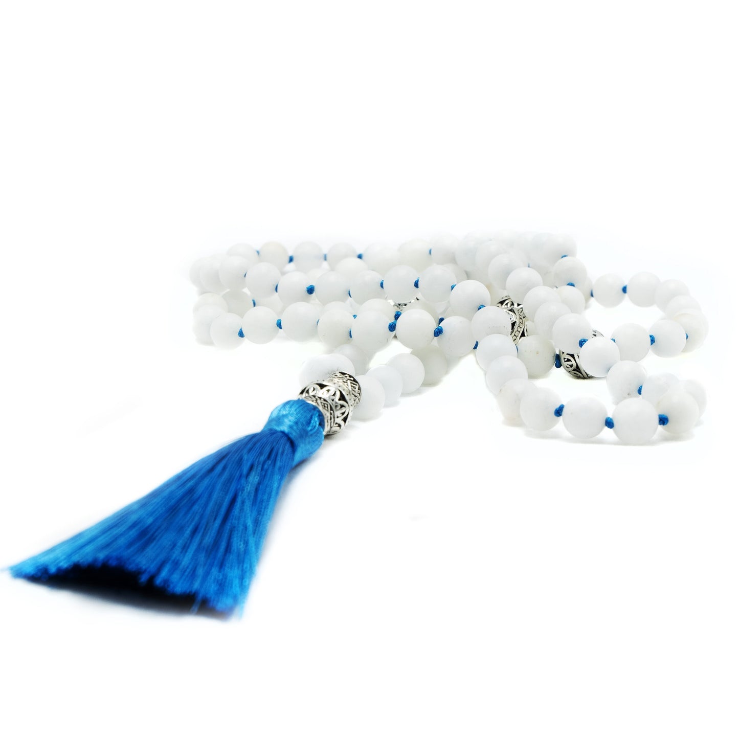 8mm White Quartz and blue tassel Mala, Guru Beads | Meru | Meditation | Prayer beads | Malas