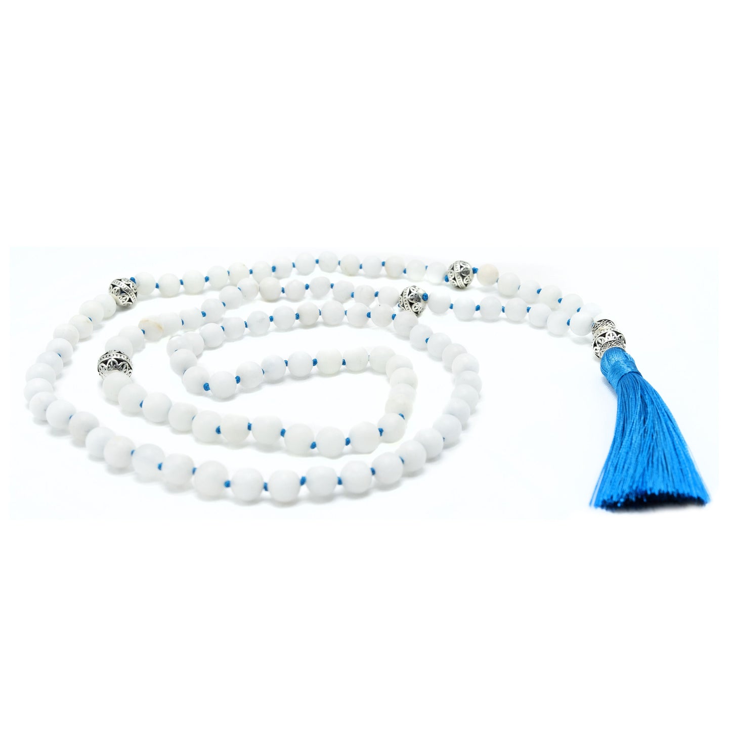 8mm White Quartz and blue tassel Mala, Guru Beads | Meru | Meditation | Prayer beads | Malas